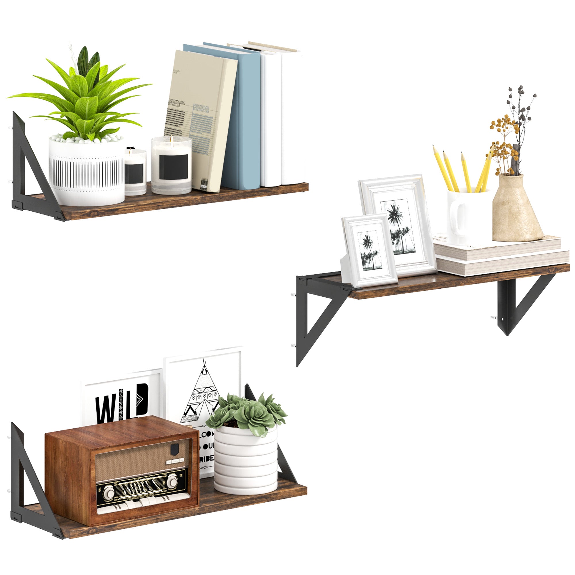 HOMCOM Set of 3 Wall Shelves, 43cm Vintage Wall Mounted Floating Shelves for Living Room, Entryway, Bedroom, Rustic Brown